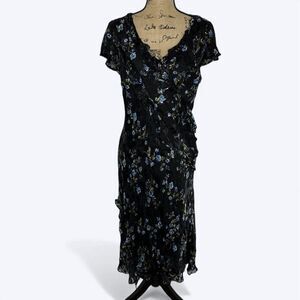 Robbie Bee Dress 14 Black‎ Floral Silk Sheer Ruffle Fairy Grunge Whimsigoth 90s